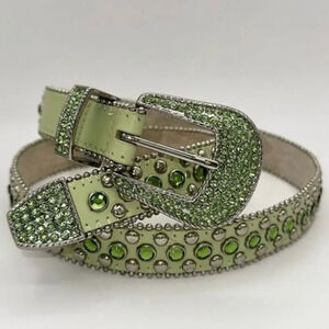 Christine Alexander Swarovski Crystal Studded Green Leather Belt Size Large